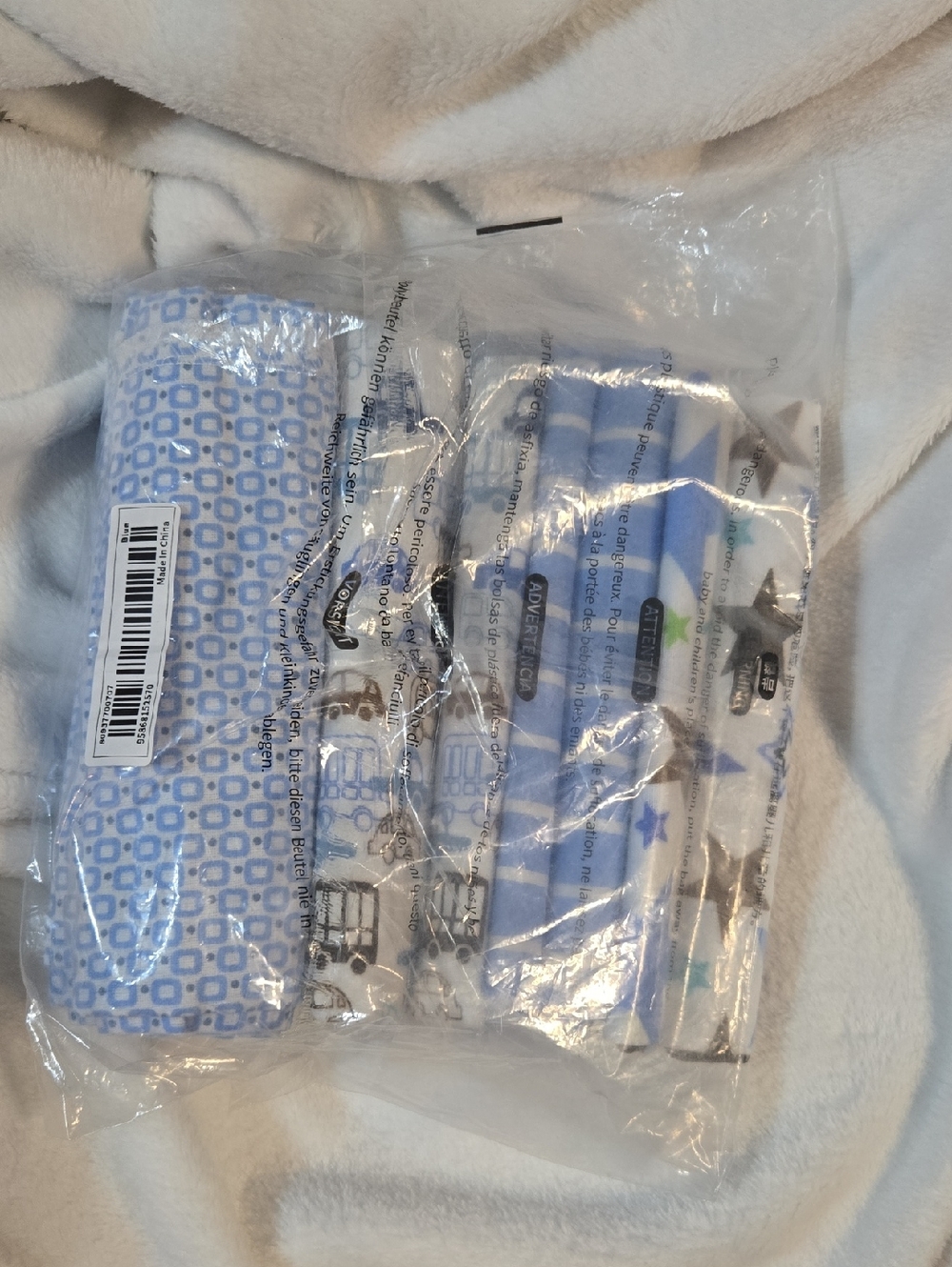 Baby Muslin Swaddle Blankets - Blue And White Star and Geometric Designs - Picture 2 of 2